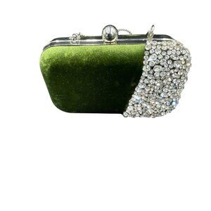 Tooba Green Velvet Crystal Purse Box Clutch With Silver Chain Formal Wedding